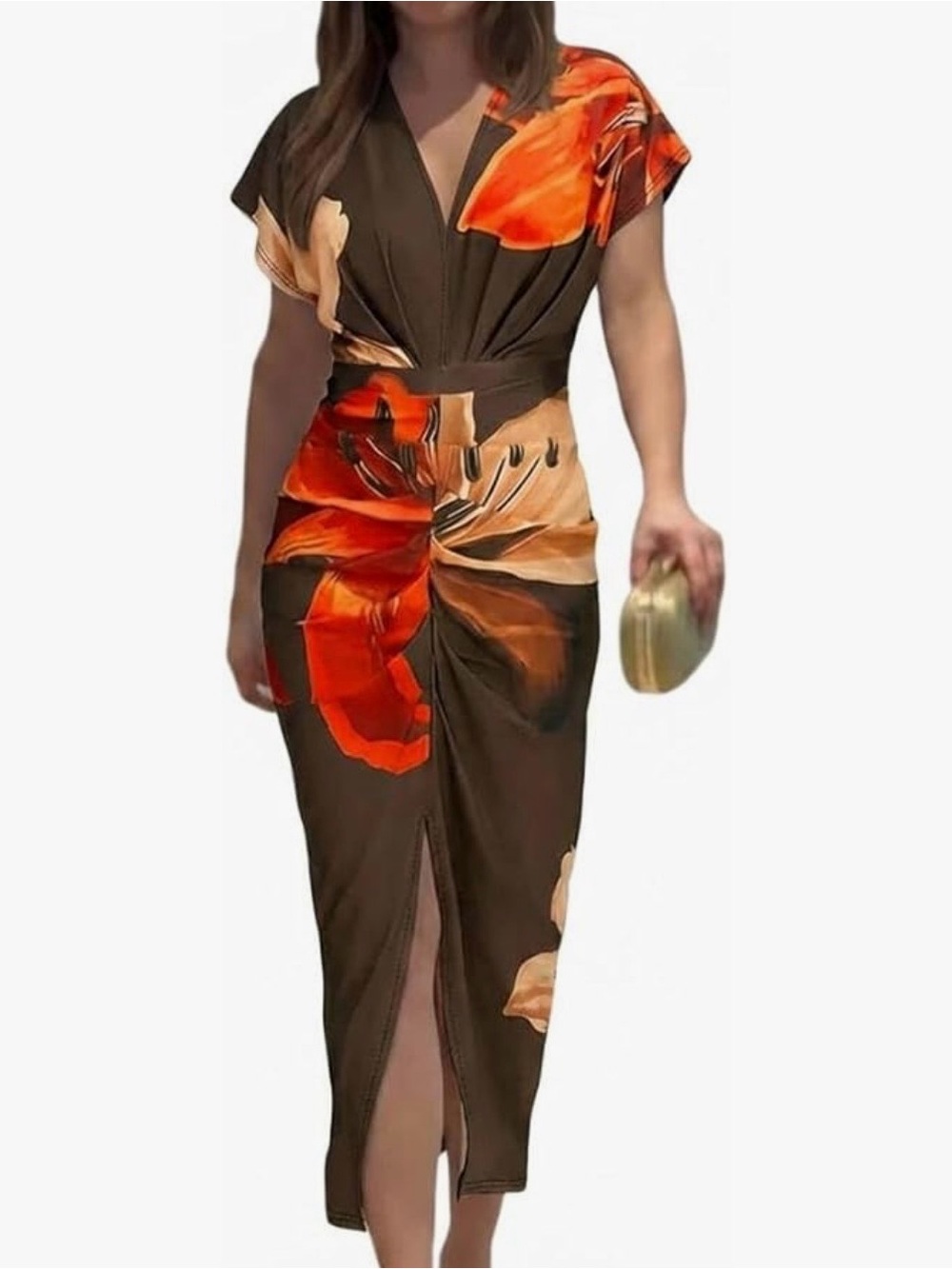Floral Midi Dress Women’s Ruched V-Neck Bodycon Side Slit Wedding Guest Dress
